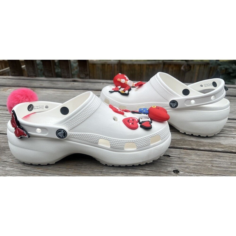 Crocs Classic Platform Clogs Women’s 9 White Heart Love Valentine Charms 206750 - Picture 9 of 13